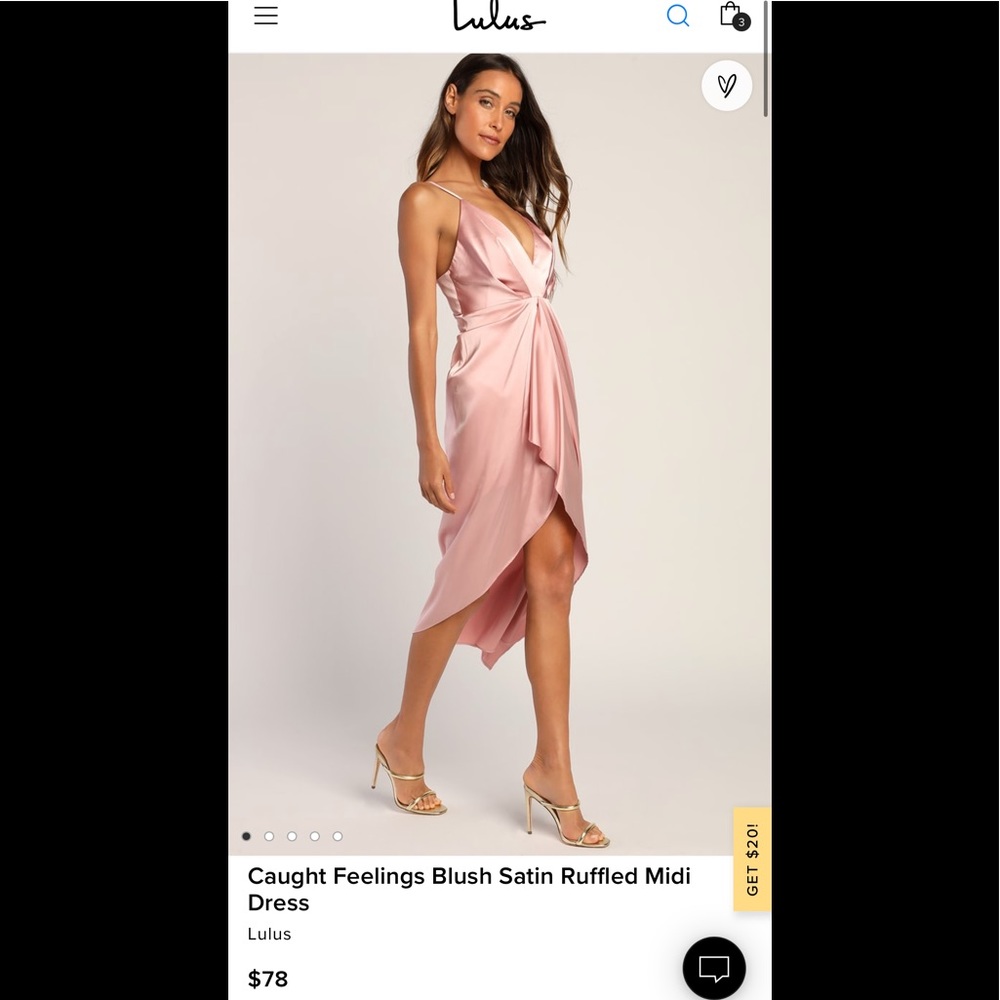 Lulu’s- Caught Feelings Blush Satin Ruffled Midi Dress